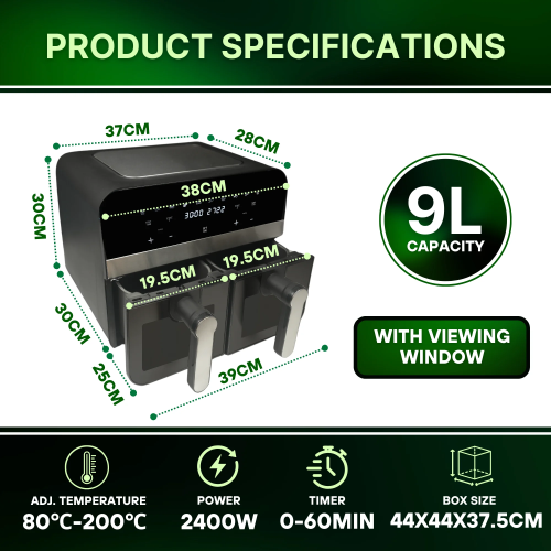 Comfy Nest CN-AFD45WB: 2400 W:n musta digitaalinen ilmakeitin, jossa on kaksi koria ja ikkuna – 9 l